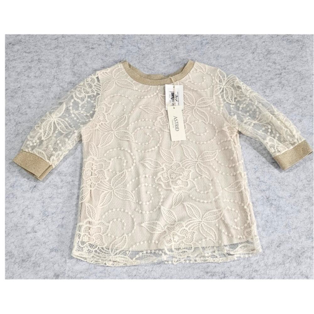Astrid Floral Lace Overlay Top Metallic Trim Ivory XS Made in Italy NWT - Picture 11 of 15